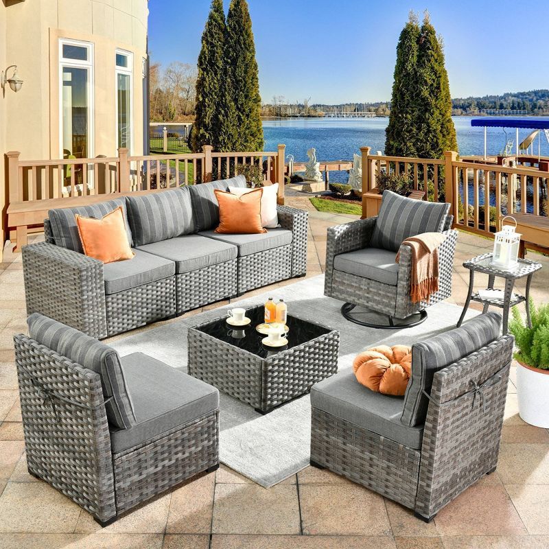 Gray 8-Piece Wicker Outdoor Sofa Set with Navy Cushions