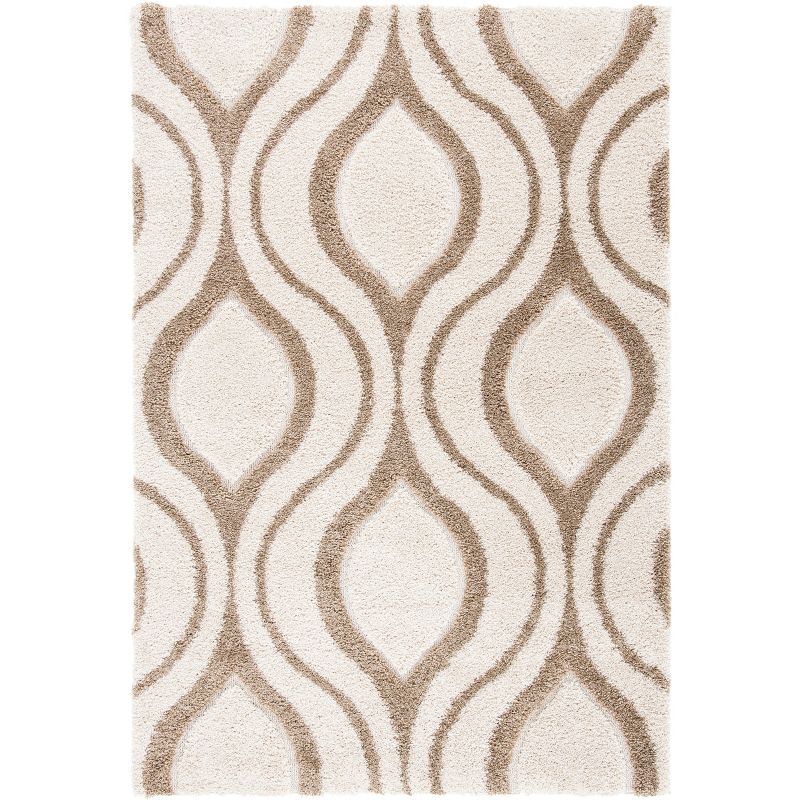 Ivory and Beige Geometric Shag Area Rug, 3'3" x 5'3"