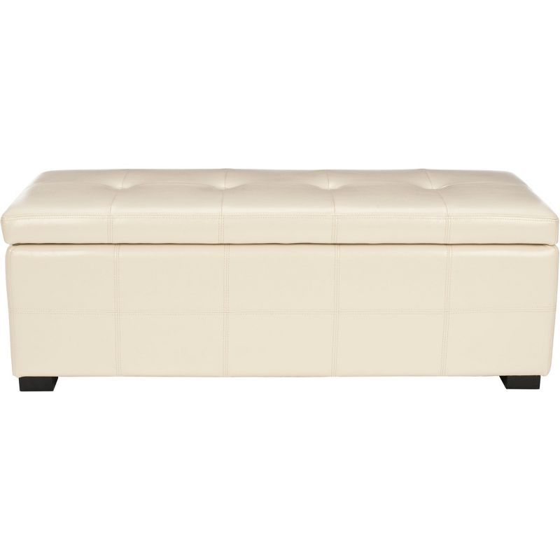 Transitional Large Tufted White Storage Bench in Birch and Bicast Leather