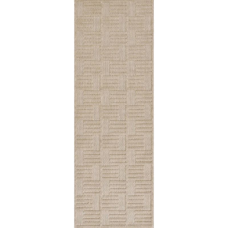 Beige Geometric Machine Made Indoor/Outdoor Runner Rug