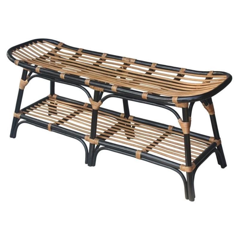 Boho-Chic Black Rattan Bench with Open Shelf Design