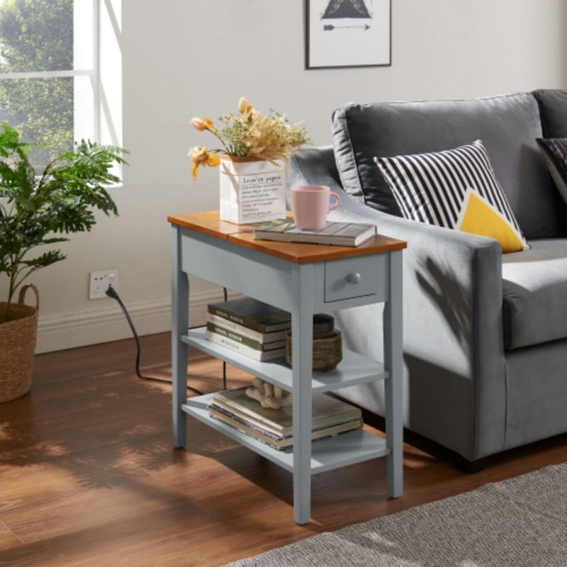 Gray and Walnut Rectangular Side Table with Storage and USB Ports