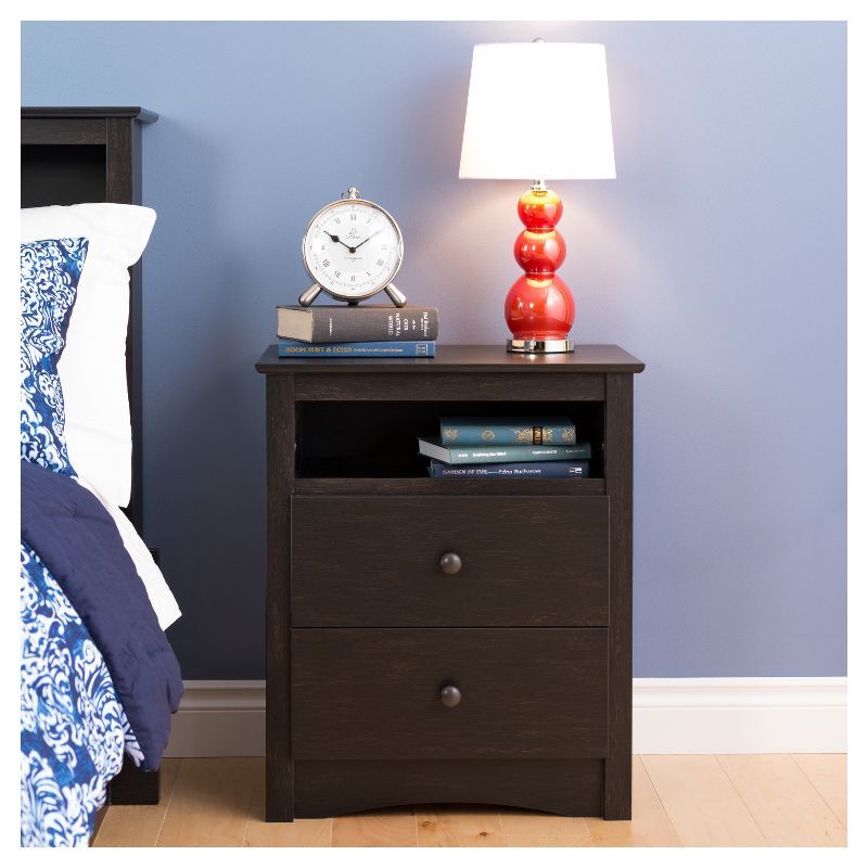 Washed Black 2-Drawer Nightstand with Open Shelf