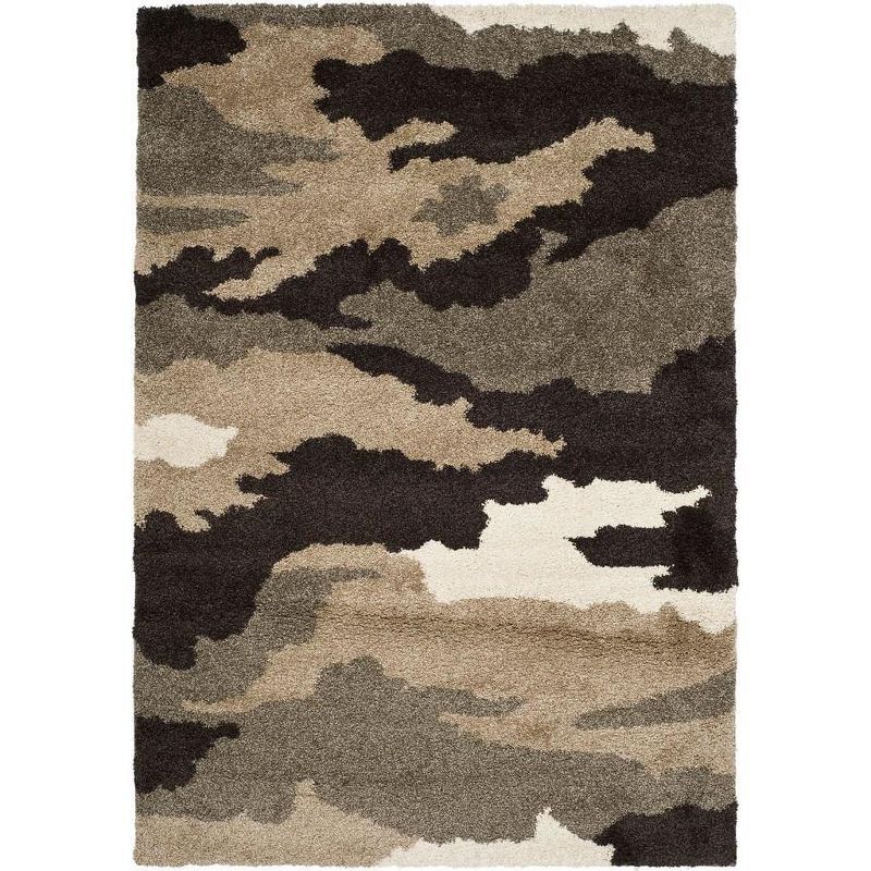 Gray and Beige Abstract Camouflage Shag Rug 5'3" x 7'6"