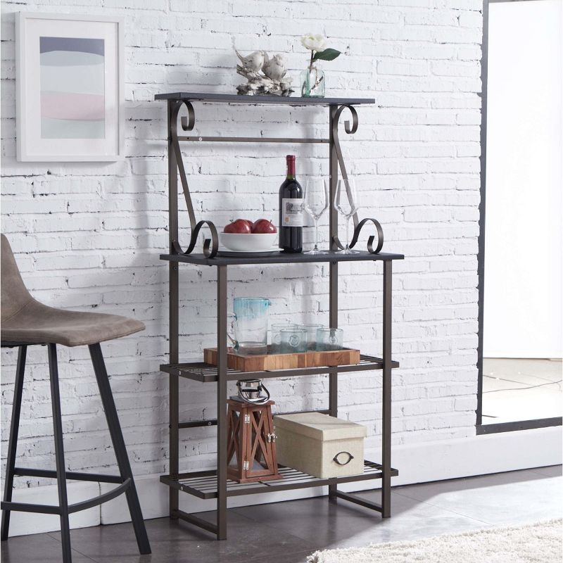 Pewter and Black Metal Baker's Rack with Wood Shelves