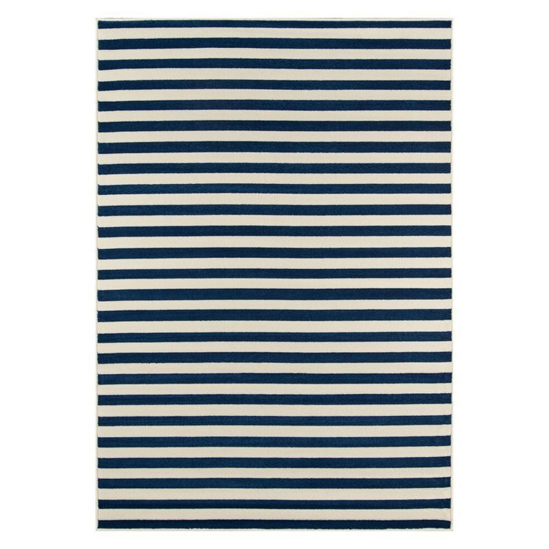 Navy Striped Rectangular Synthetic Indoor/Outdoor Rug