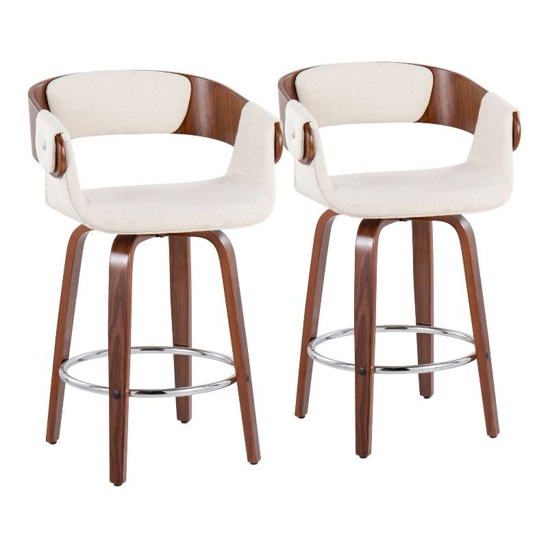 Elisa Cream Fabric and Walnut Wood Swivel Counter Stool, Set of 2