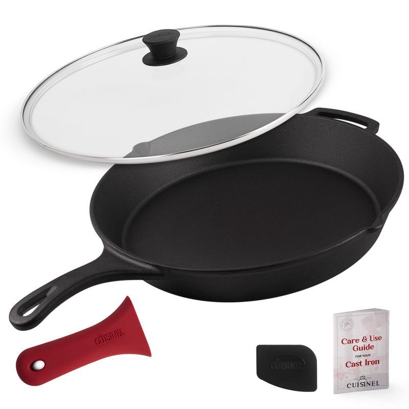 15-Inch Black Cast Iron Skillet with Glass Lid and Silicone Handle