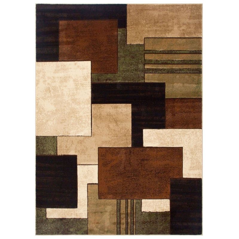 Abstract Brown and Green Geometric Synthetic 5' x 7' Area Rug