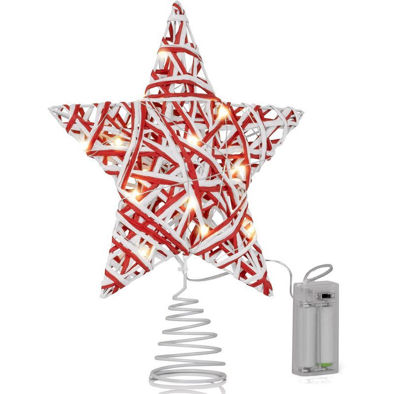 Red and White Rattan Star Tree Topper with LED Lights