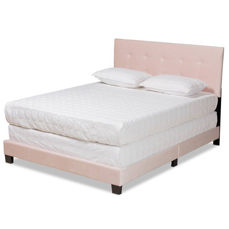 Light Pink Velvet Upholstered Queen Bed with Tufted Headboard