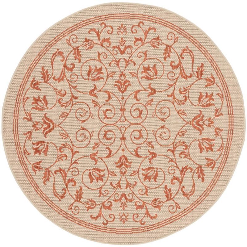 Beige and Tan Round Floral Synthetic Indoor/Outdoor Rug