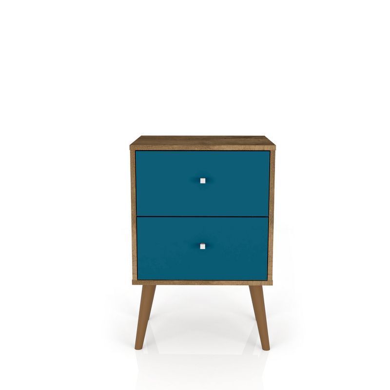 Liberty Mid-Century Modern Rustic Brown and Aqua Blue Nightstand with 2 Drawers