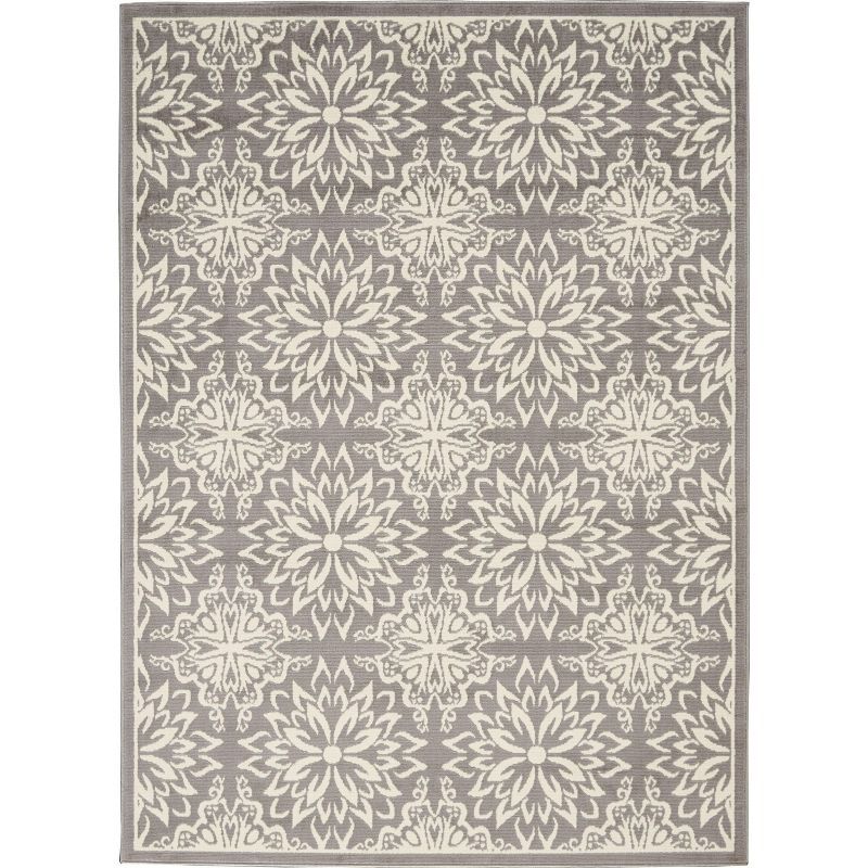 Ivory and Grey Floral Synthetic 5' x 7' Area Rug