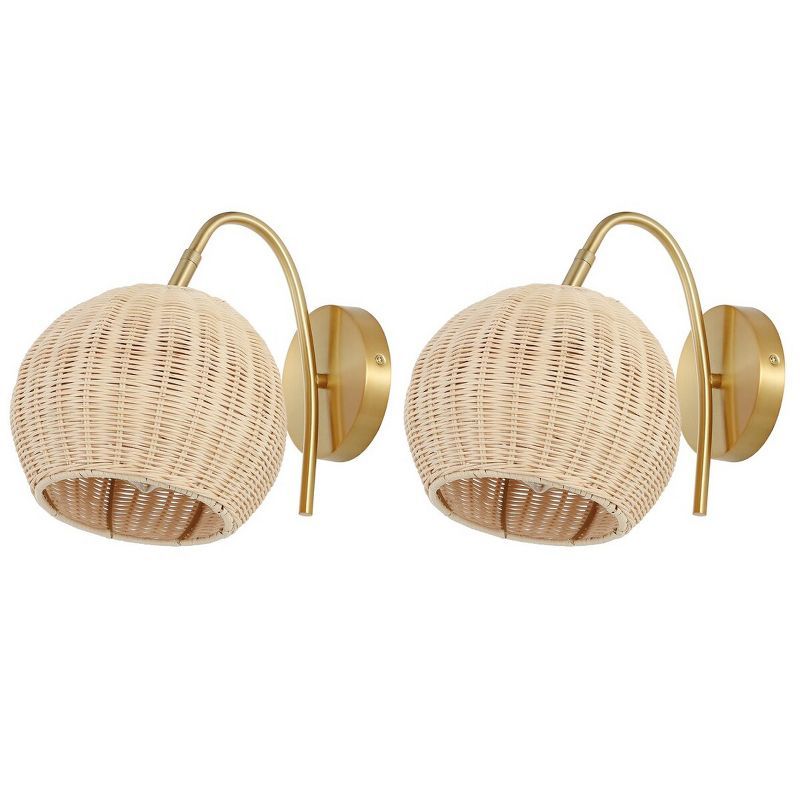 Nahum 8.5" Natural Rattan and Brass Wall Sconce Set