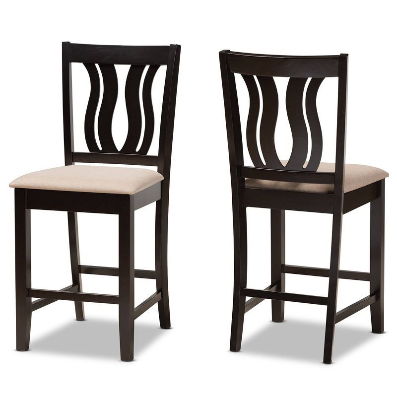 Fenton Sand and Dark Brown Wood Barstool Set with Geometric Backrest