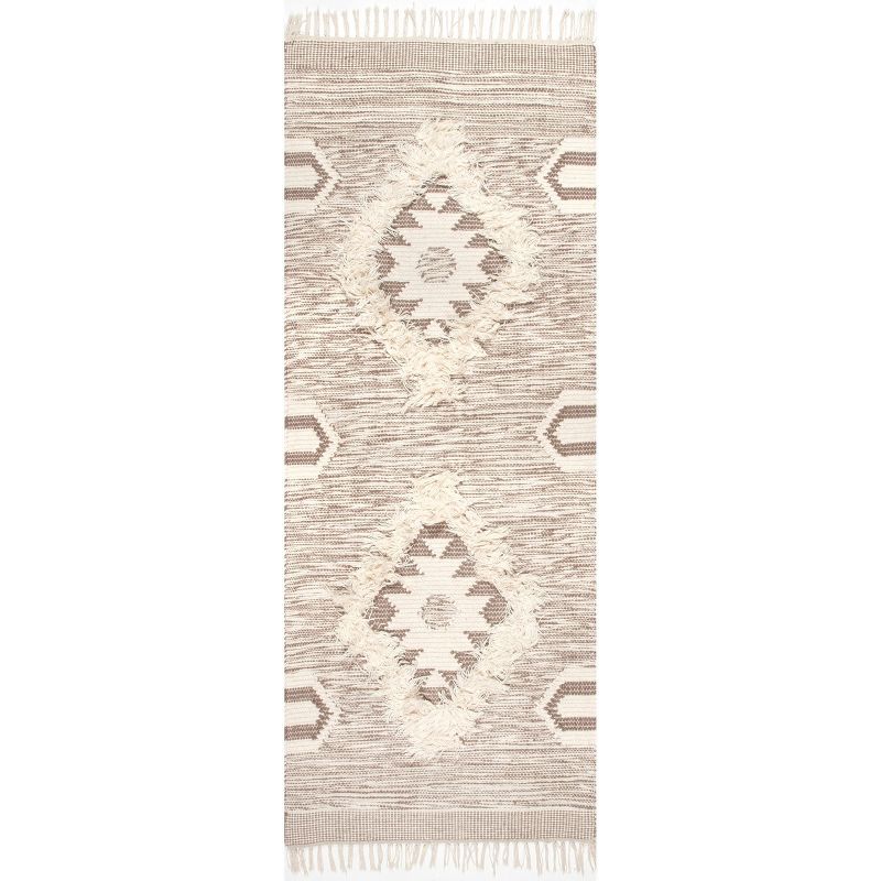 Beige Wool Geometric Flatwoven Shag Runner Rug with Tassels