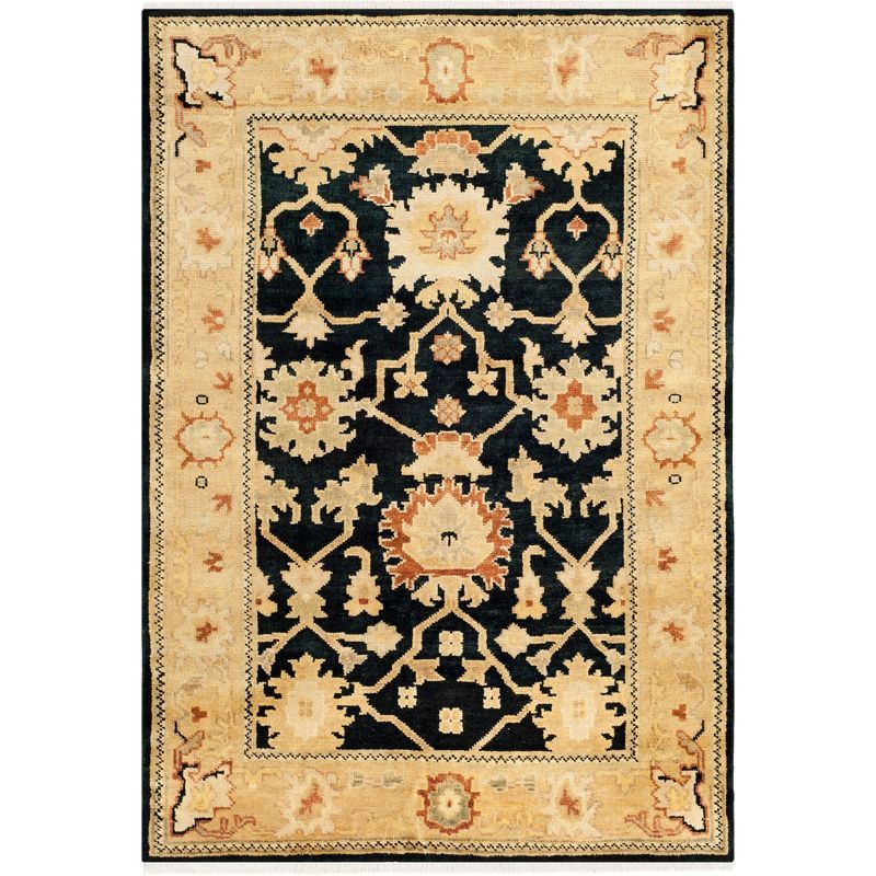 Elegant Oushak Hand-Knotted Black Wool 4' x 6' Area Rug