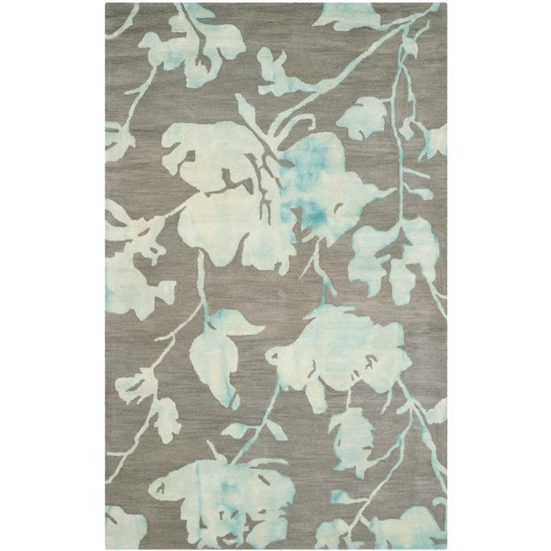 Hand-Tufted Grey Turquoise Floral Wool 5' x 8' Area Rug