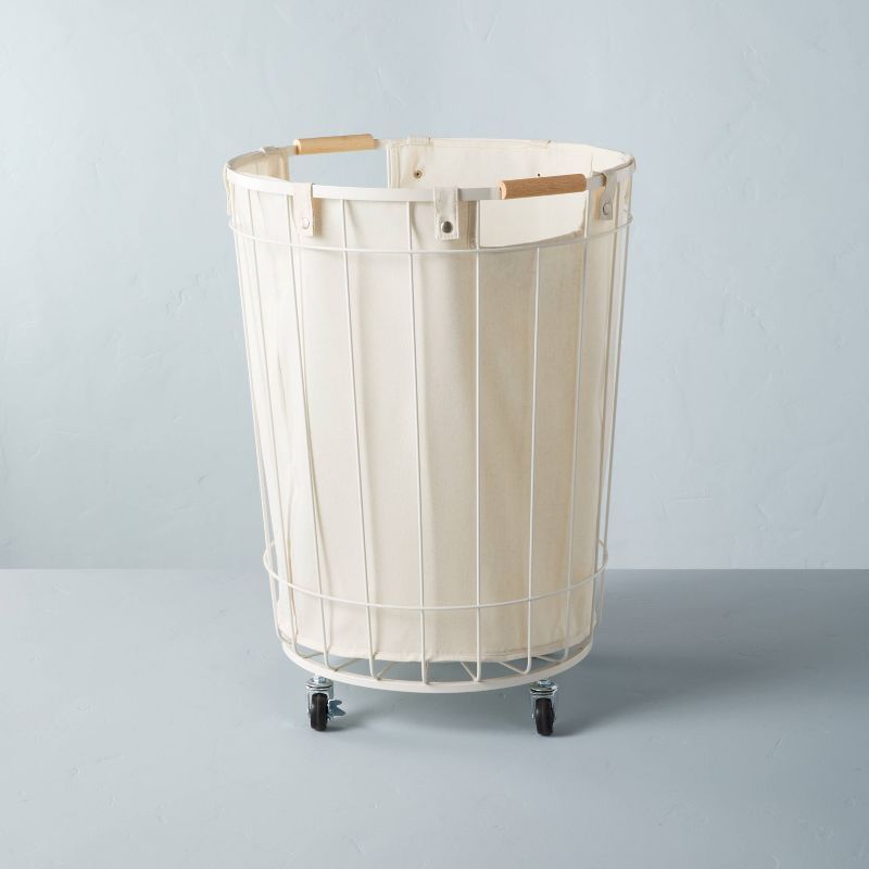 Cream Wire and Fabric Laundry Hamper with Wheels