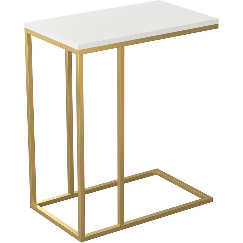 White and Gold Glass Top Semicircular End Table with Metal Legs