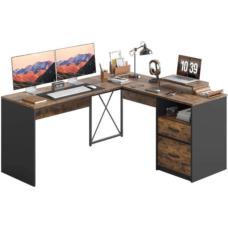 Wash Grey Wood L-Shaped Computer Desk with Drawer and Filing Cabinet