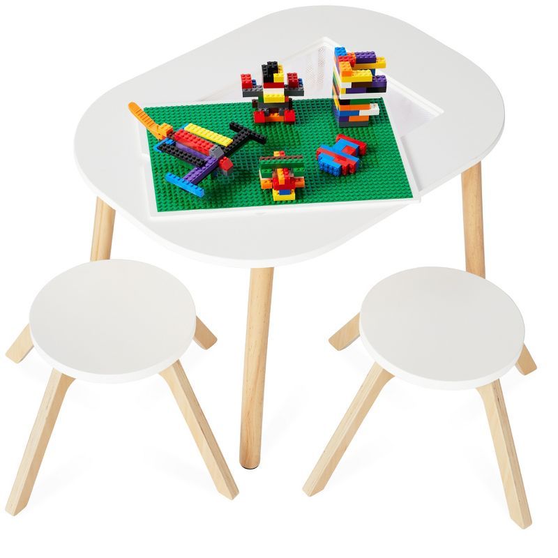 White and Natural Wood Kids Building Block Table with Stools