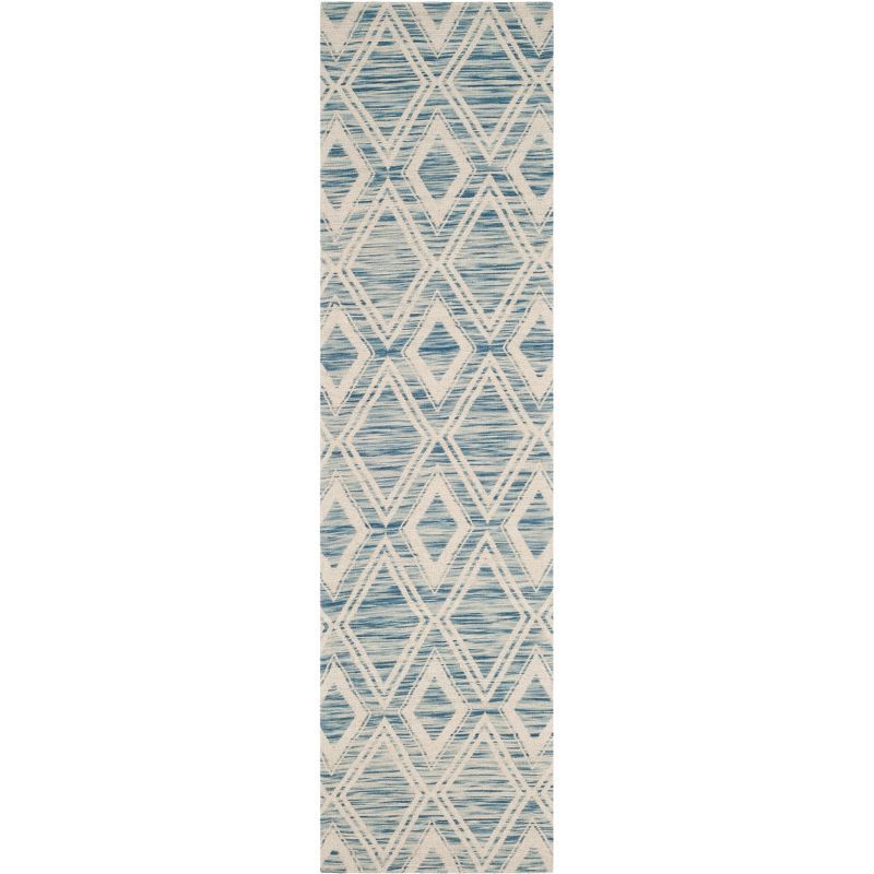 Ivory and Dark Blue Handmade Wool Geometric Rug, 2' 3" x 12'