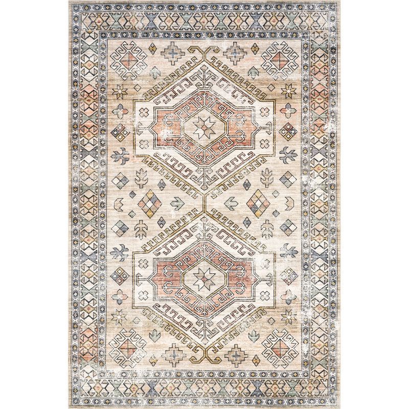 Peach Tribal Motif Easy-Care Rectangular Synthetic Rug, 2' x 3'