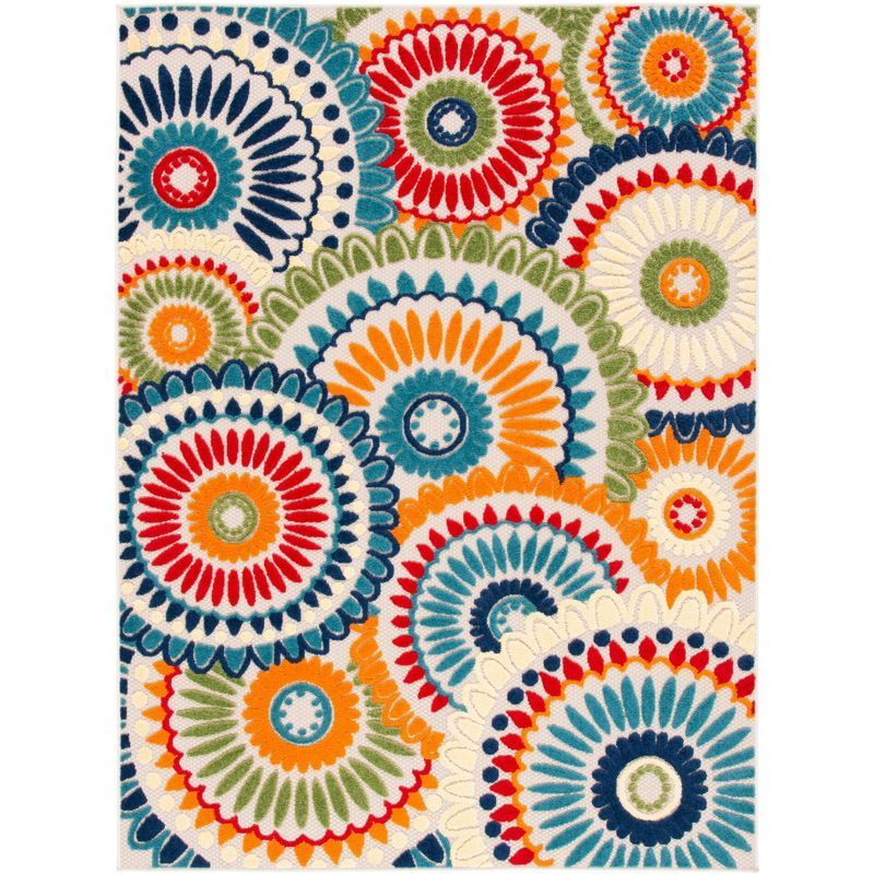 Blue and Ivory Floral Synthetic Indoor/Outdoor Rug