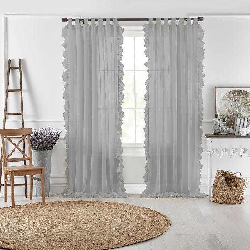 Charcoal Cotton Tab-Top Sheer Ruffle Window Curtain Panel