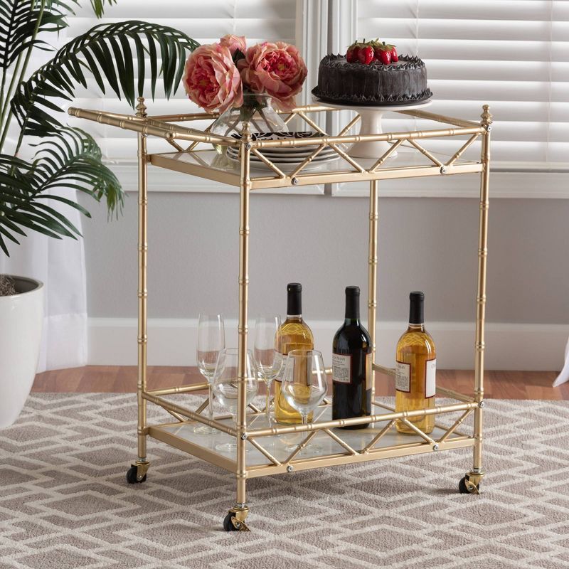 Gold Metal and White Marble 2-Tier Wine Cart with Storage