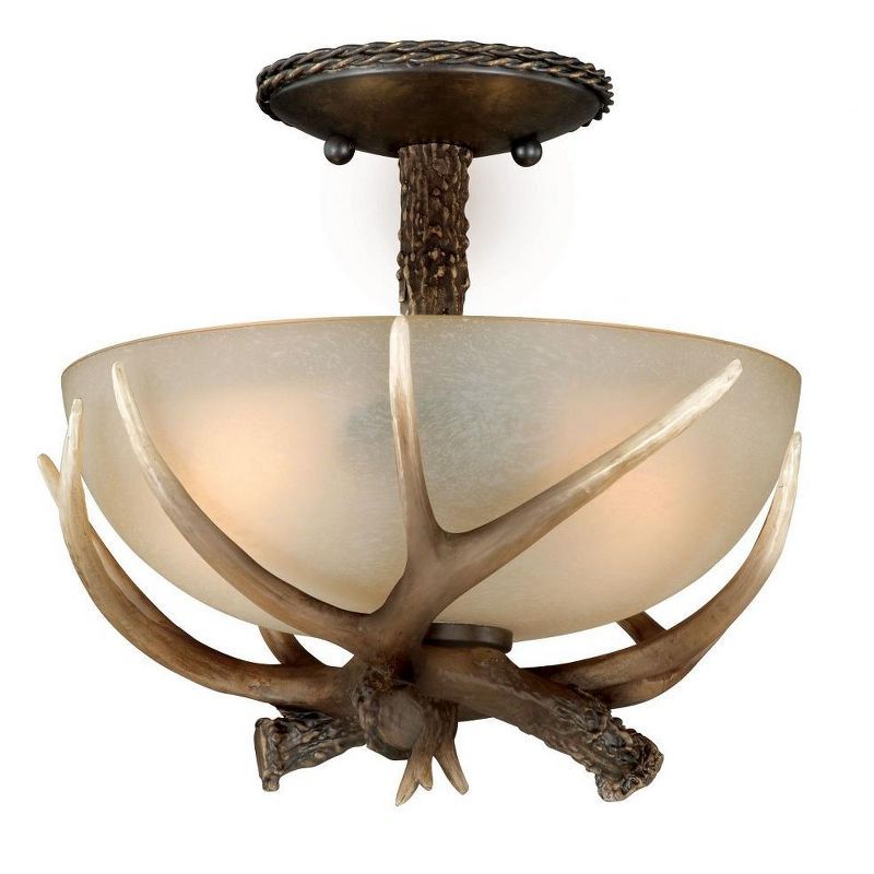 Rustic Antler 12" Black Walnut Semi-Flush Ceiling Light with Creme Glass