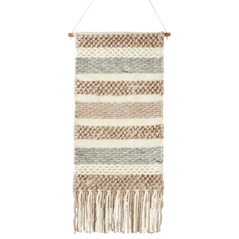 Natural Wool Textured Woven Wall Hanging with Fringe, 20"x44"