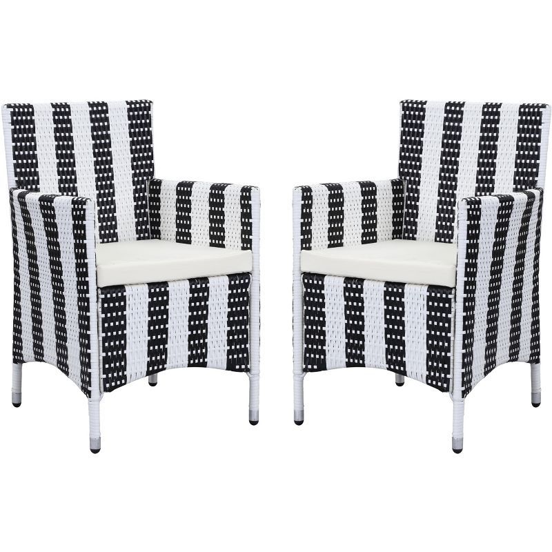 Black and White PE Rattan Arm Chairs with Cushions, Set of 2