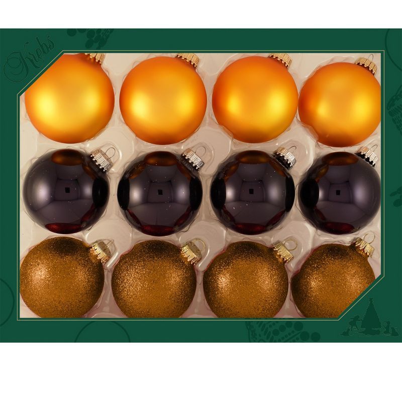 Set of 12 Orange, Black, and Brown Glass Christmas Ornaments