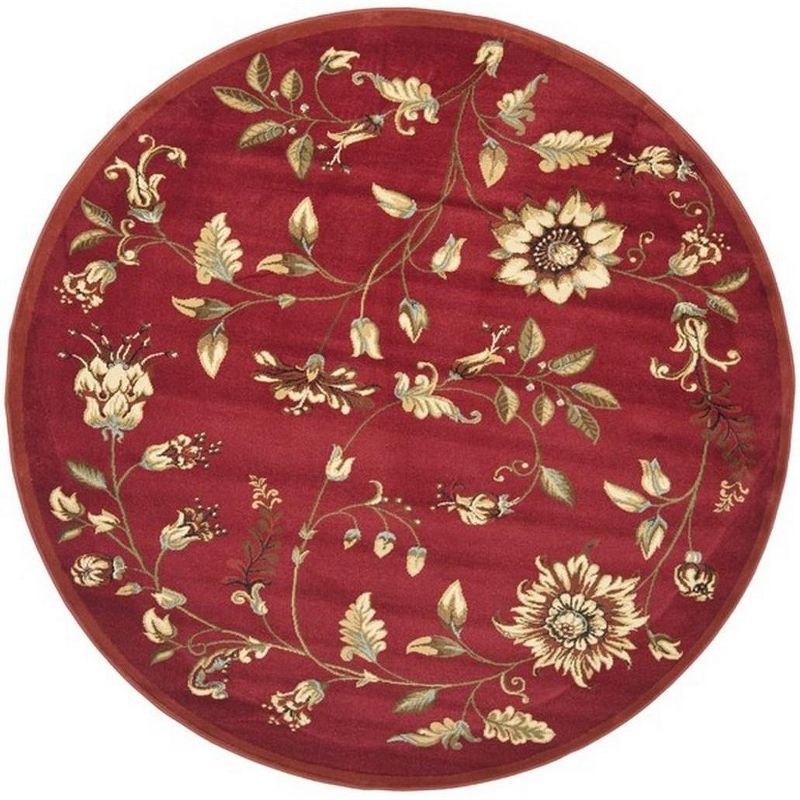 Elegant Red and Multi Floral Round Synthetic Area Rug