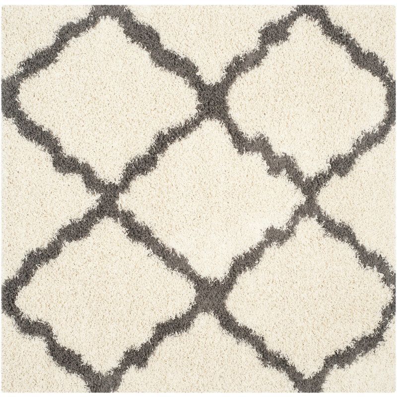 Ivory and Dark Grey Trellis Square Shag Rug, 4' x 4', Synthetic Easy Care