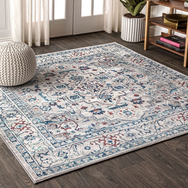 Light Gray and Blue Synthetic Vintage Medallion Rug