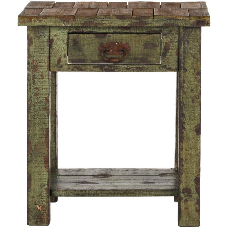 Antique Green Fir Wood Accent Table with Storage