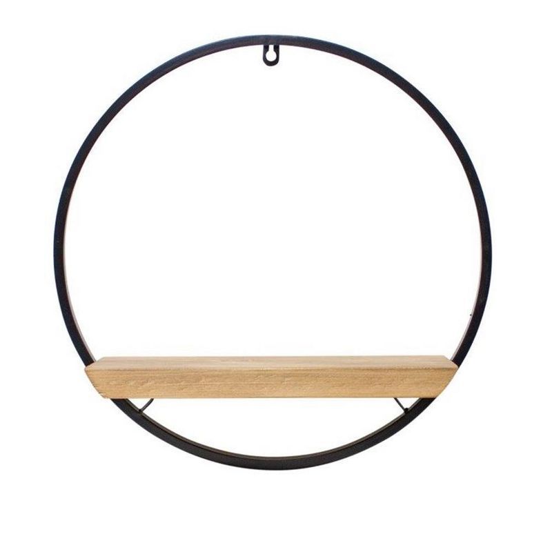 Black Iron and Wood Circular Wall Shelf