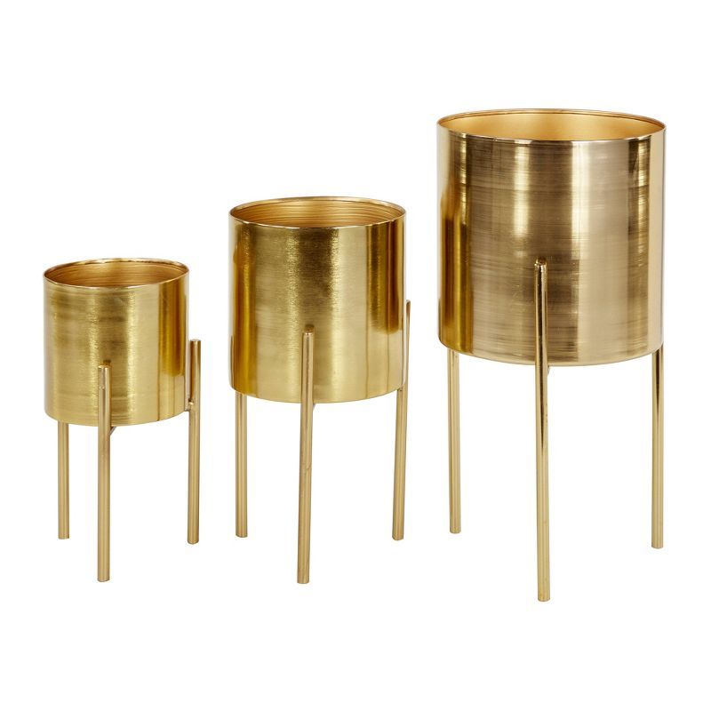 Set of 3 Gold Metal Planters with Stands - 18", 14", 12"H