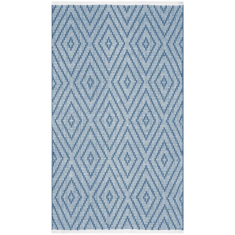 Blue and Ivory Handwoven Geometric Wool Cotton Area Rug