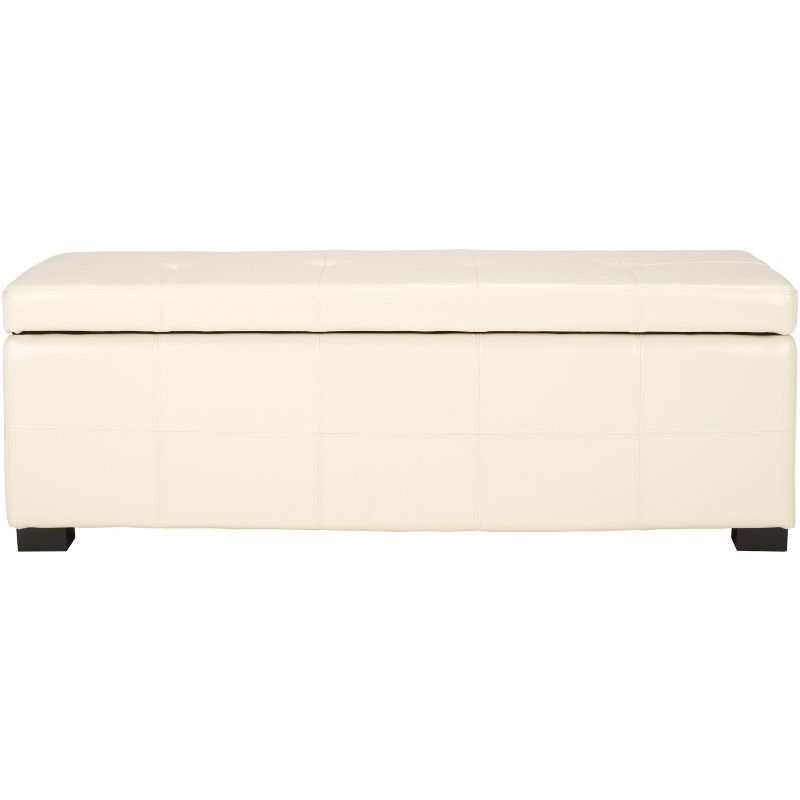 Transitional Large Tufted White Storage Bench in Birch and Bicast Leather