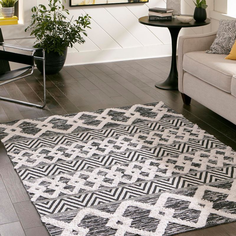 Black and Ivory Geometric Cotton Flatweave Rug