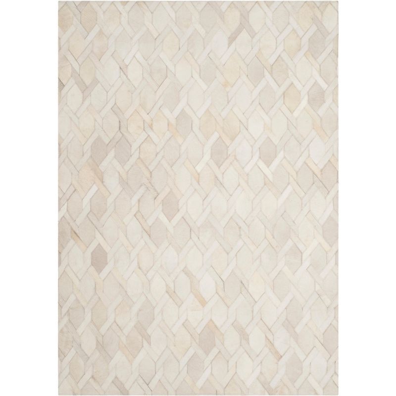 Ivory Geometric Hand-Knotted Cowhide Area Rug, 4' x 6'