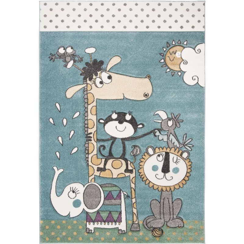 Ivory and Blue Storybook Animals Handmade Kids' Rug - 6'7" x 9'