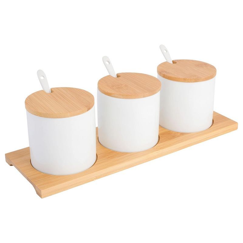 White Ceramic Condiment Jars with Bamboo Lids and Tray