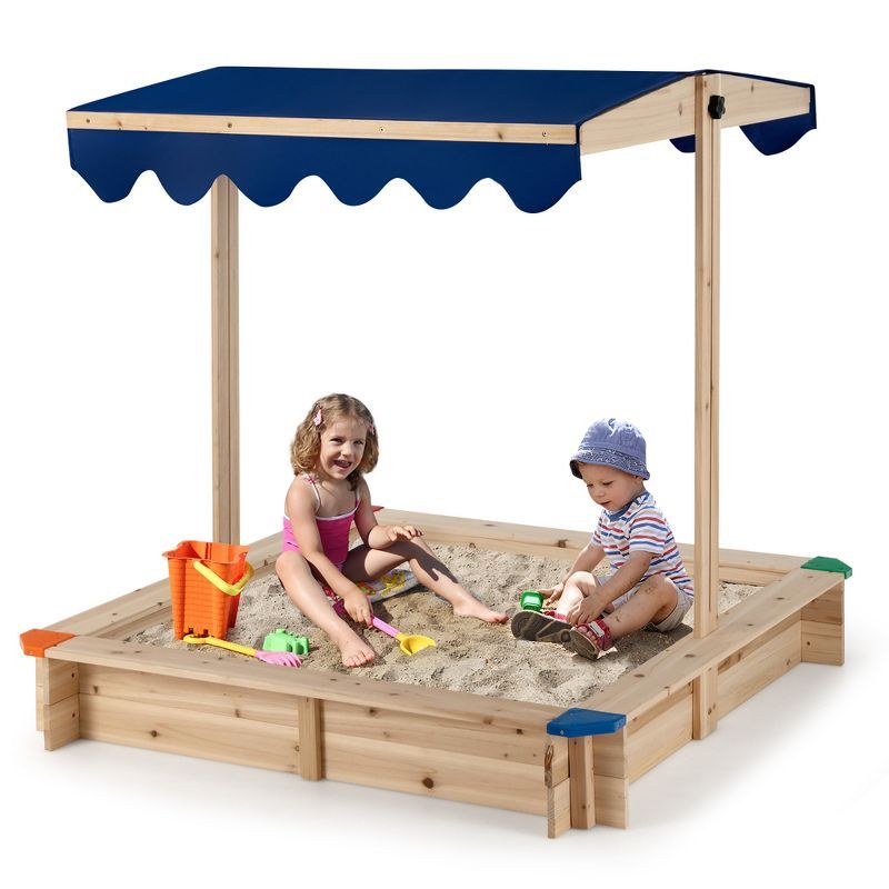 Natural Wood Kids Sandbox with Adjustable Canopy