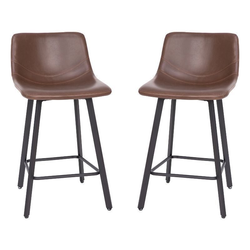 Set of Two Chocolate Brown Faux Leather Upholstered Counter Stools with Matte Black Metal Frames